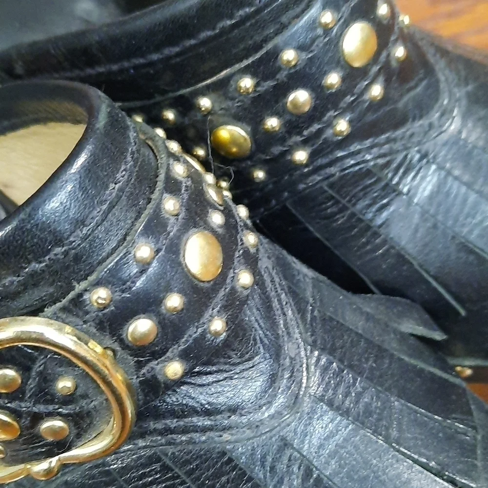 Michael Kors Black Gold Studded Fringe Heeled Mules - Picture 5 of 7